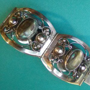 Vintage Sterling Silver Abalone Panel Wide Ornate Bracelet 925